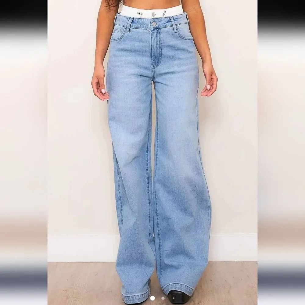 Vibrant Miu Double Waist Band Wide Leg Jeans Medium Light Stone Size M